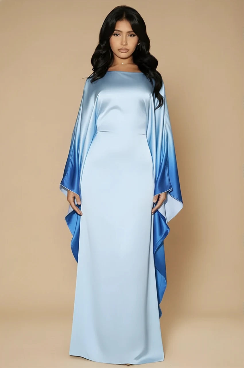 Front view of Auressa Butterfly Kaftan in Sky Blue ombre satin showing elegant butterfly sleeves