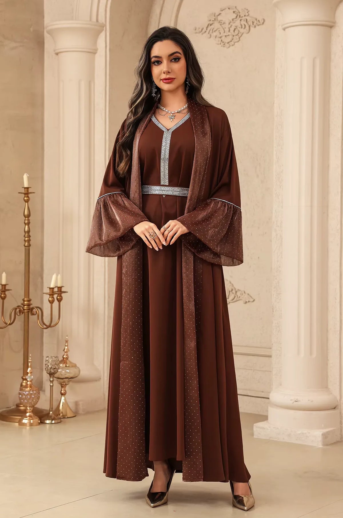 Elegant standing view of the two-piece Auris Brown Kaftan set, featuring a coordinated inner dress and shimmering outer layer.