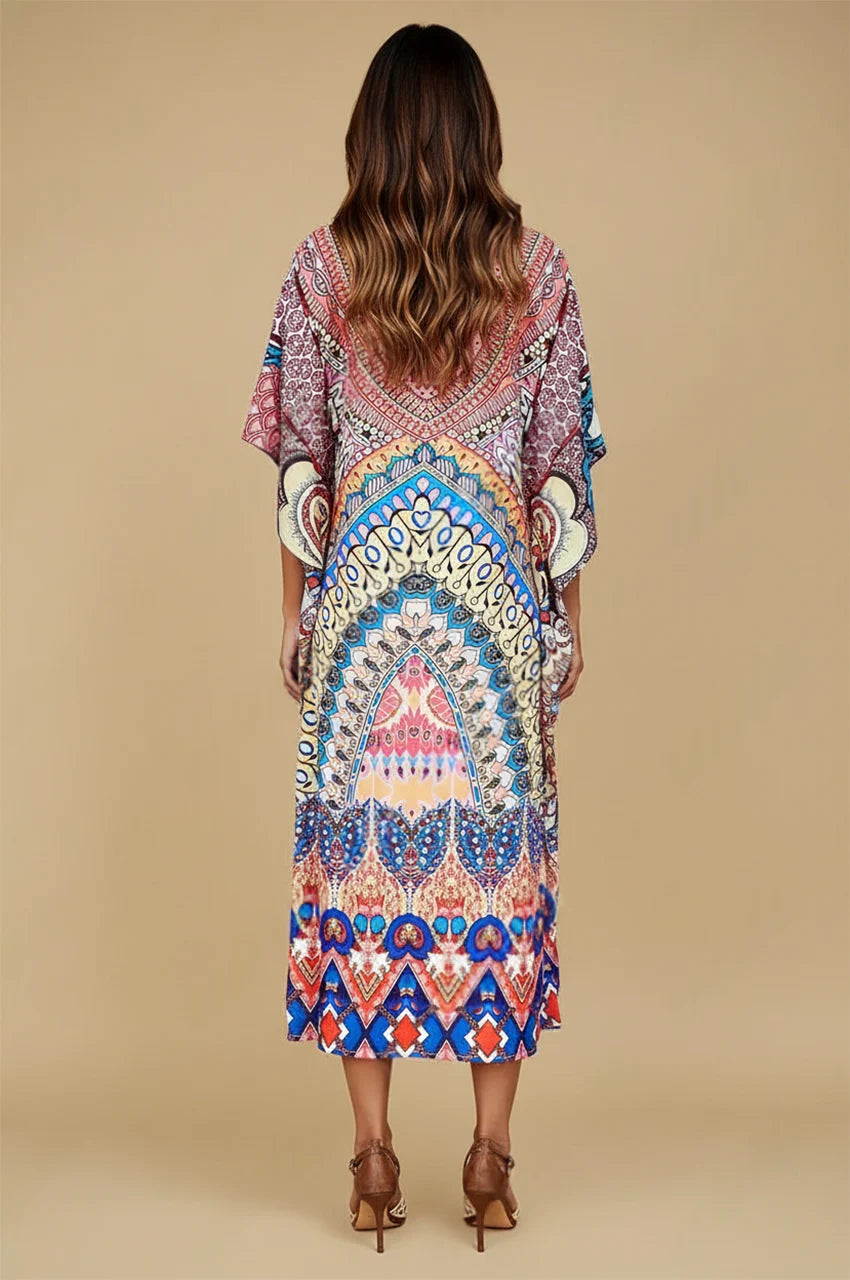 Back studio view of Avani kaftan indiano showing full print pattern