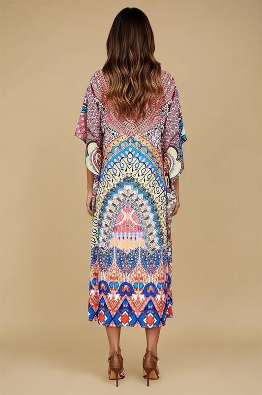 Back studio view of Avani kaftan indiano showing full print pattern