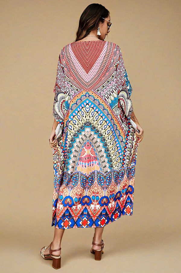 Studio back view of Avani kaftan indiano with Indiano inspired design