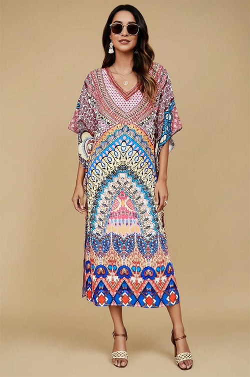 Front studio view of Avani kaftan indiano with colorful mosaic print