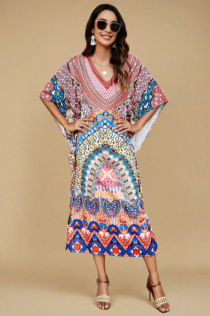 Studio front view of Avani kaftan indiano with multicolor bohemian motif