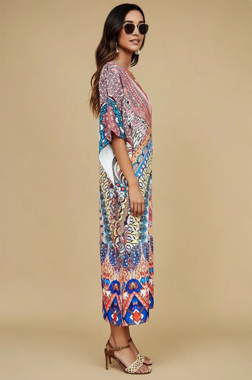 Side profile of Avani kaftan indiano displaying loose boho silhouette