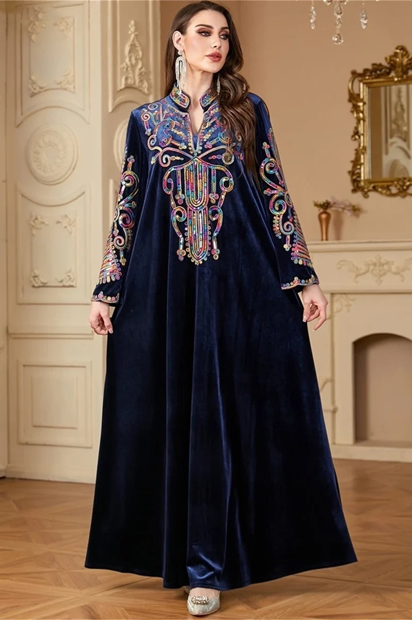 Full length Avela velvet kaftan dress showing fabric drape and A-line cut.