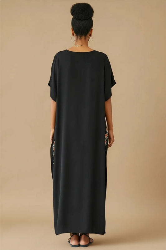 Aylen black bohemian embroidered kaftan back view showing long flowing silhouette