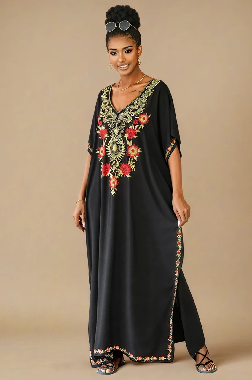 Aylen black bohemian embroidered kaftan showing gold and red floral embroidery