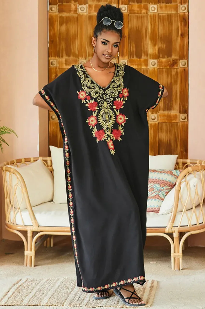 Side embroidery detail of Aylen black bohemian kaftan