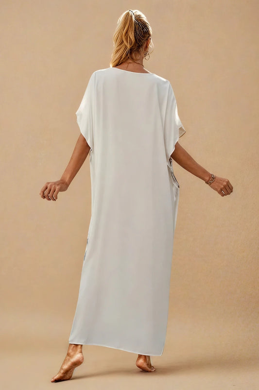 Aylen white bohemian embroidered kaftan back view with loose flowing silhouette