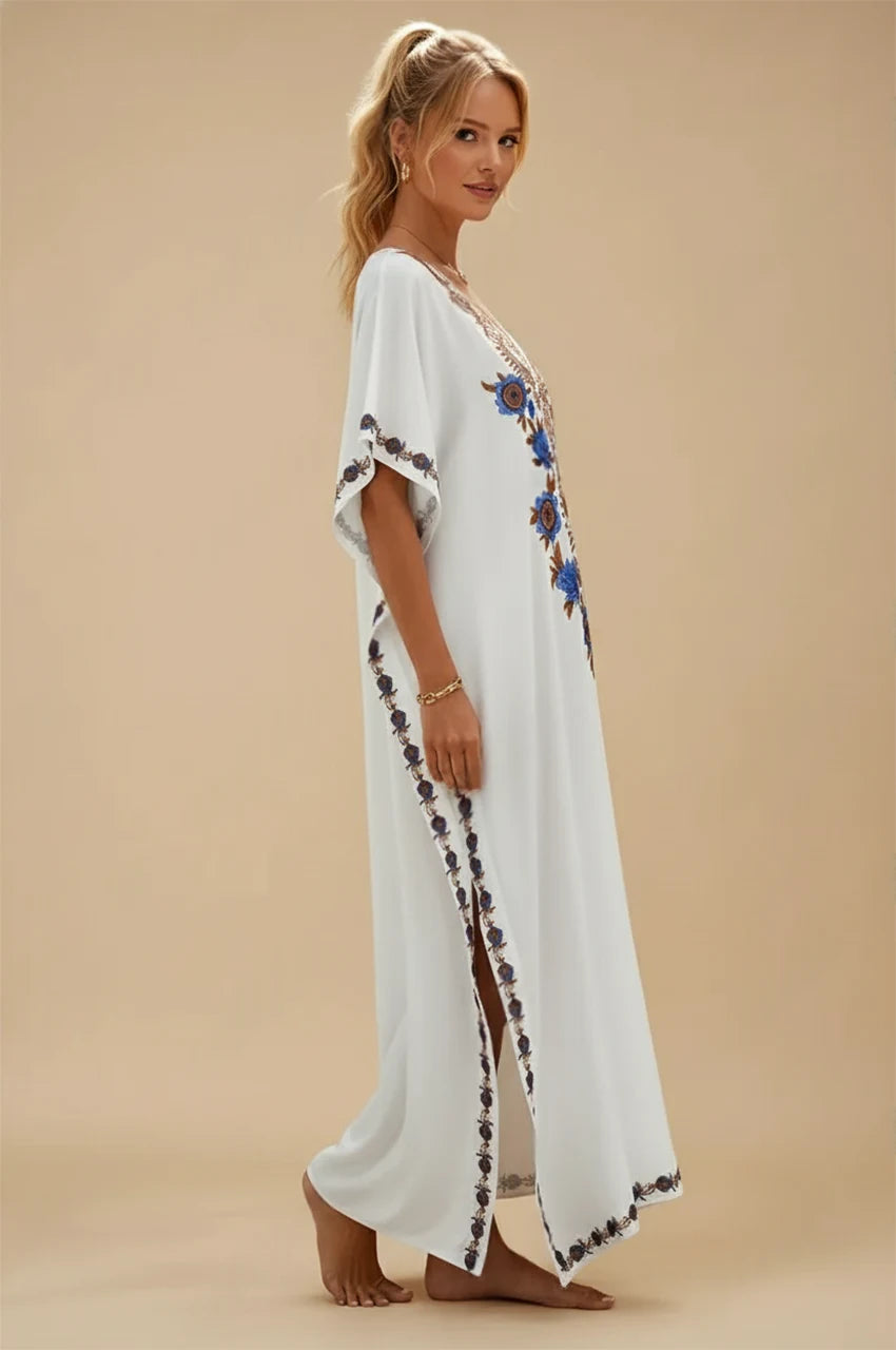 Aylen white bohemian embroidered kaftan side view with detailed floral side panel embroidery