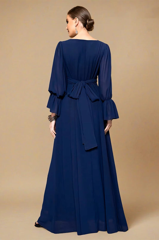 Back view of Aylin navy blue kaftan with waist tie and flowing sleeves