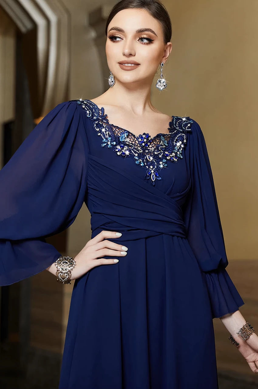 Close-up of jeweled neckline on Aylin navy blue kaftan