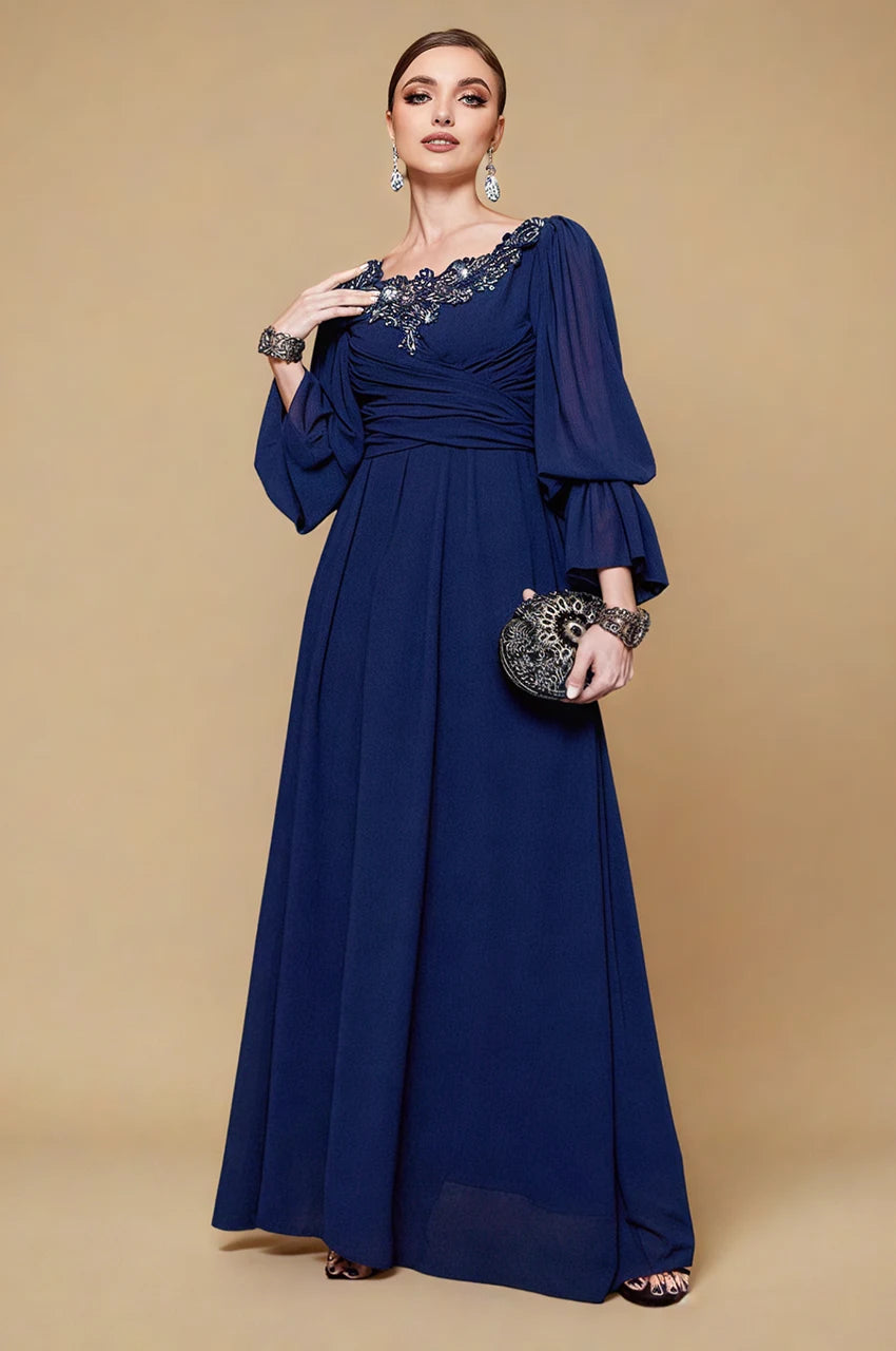 Aylin navy blue kaftan front view with jewel embroidered neckline and chiffon sleeves