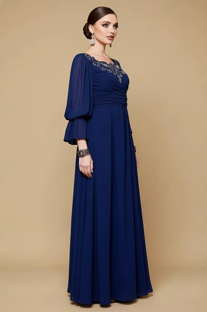 Navy blue kaftan with bishop sleeves and pleated waist – side angle