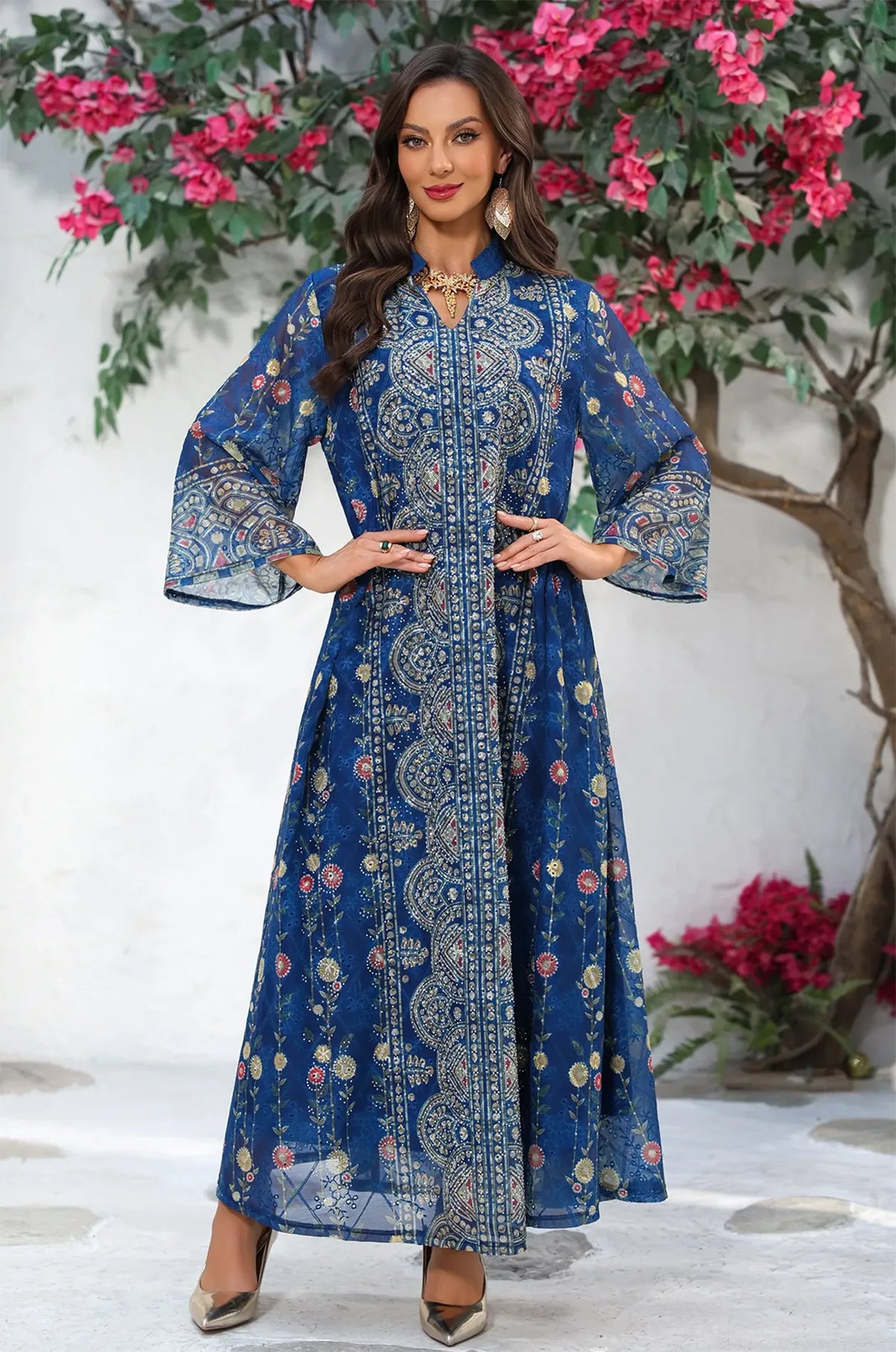 Frontal pose of the Azari navy chiffon kaftan maxi dress highlighting the modest mandarin collar and refined floral details.