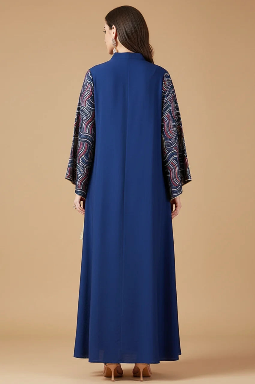 Back view of the Aziah navy blue kaftan showing sleeve details.