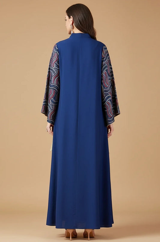 Back view of the Aziah navy blue kaftan showing sleeve details.