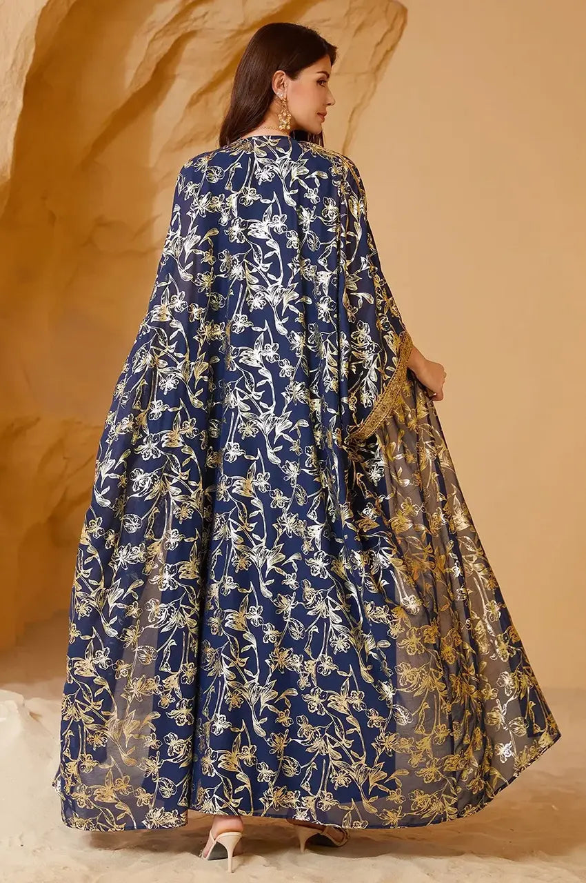 Back view of the floor-length AZIRI navy long open kaftan highlighting the fluid silhouette.