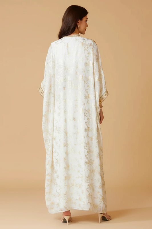 Back view of the AZIRI white long open kaftan showcasing the voluminous butterfly silhouette and drape.