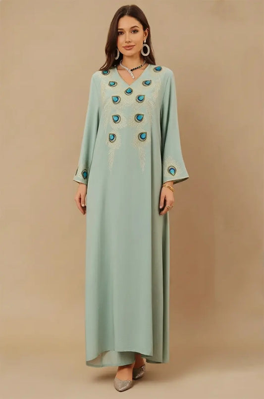 Azura Green Peacock Kaftan front view with blue embroidered peacock feather details