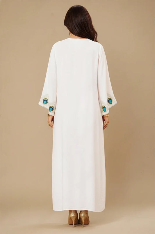 Back view of Azura White Peacock Kaftan with embroidered sleeve details