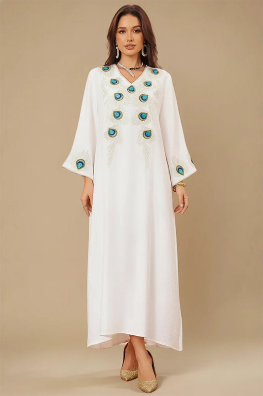 Azura White Peacock Kaftan front view with blue feather embroidery