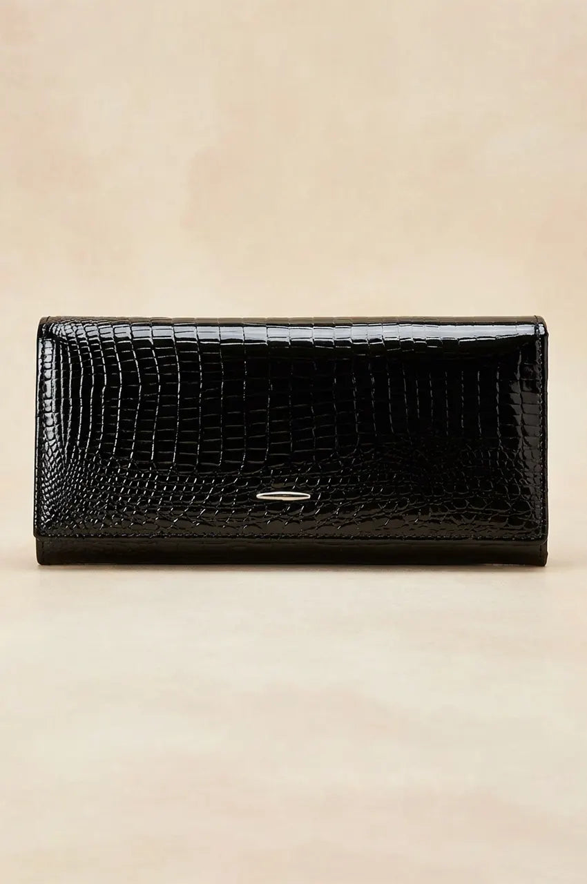 Front view of the classic black glossy crocodile embossed wallet clutch for evening use.