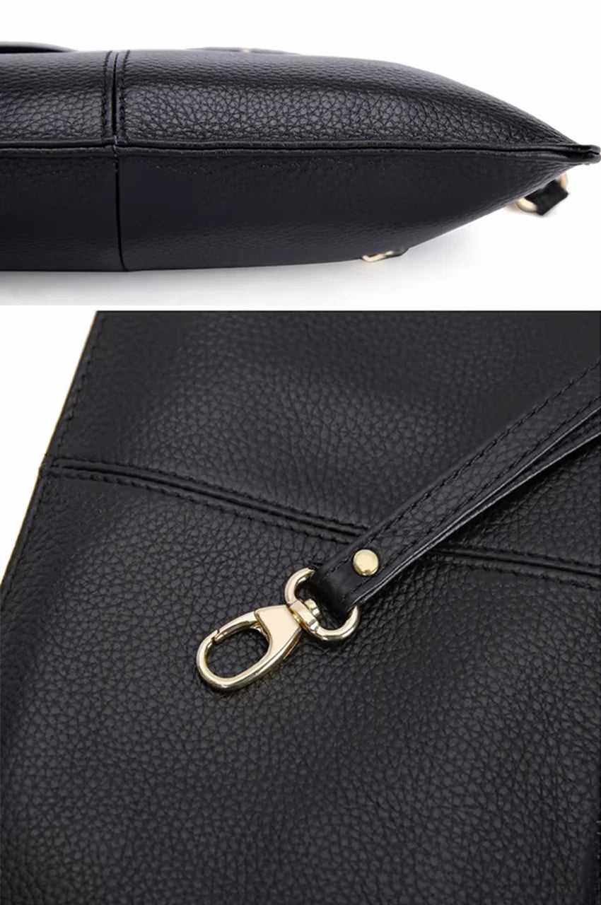 Macro detail showing the slim side profile and the durable gold-tone metal strap clip on the black bag.