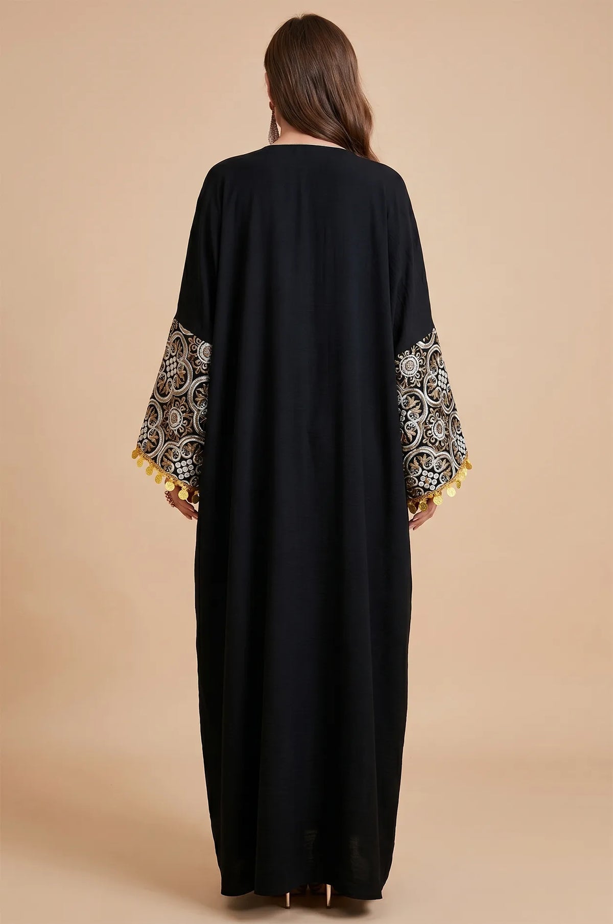 Back view of the Black Novae crepe kaftan highlighting the fluid drape and high-quality finish of the premium crepe fabric.