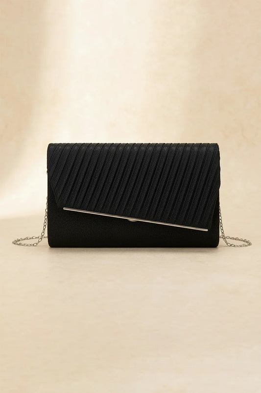 Front view of black pleated envelope clutch with subtle shimmer and silver metal trim for evening wear.