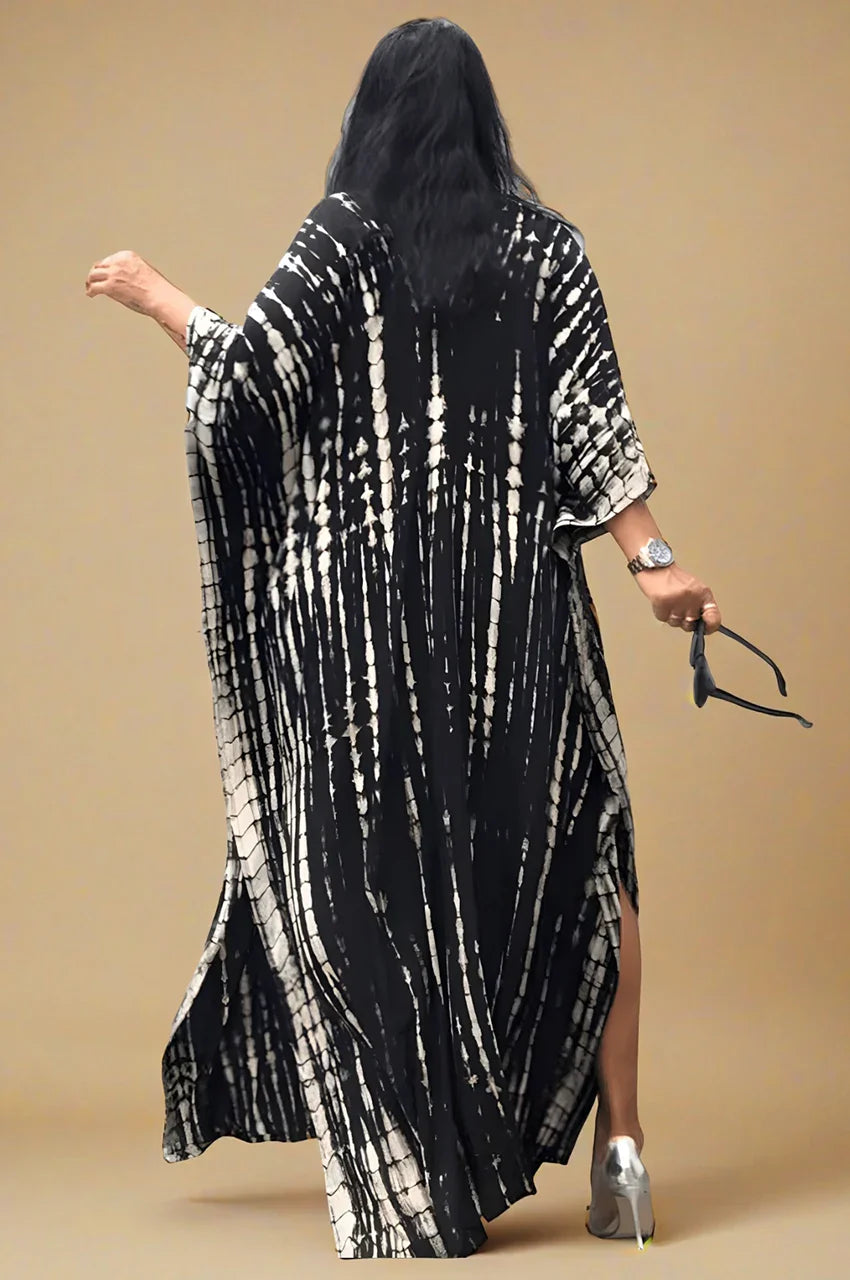 Back view of Sahra Black Tie Dye Kaftan worn by model showing artisanal tie-dye print