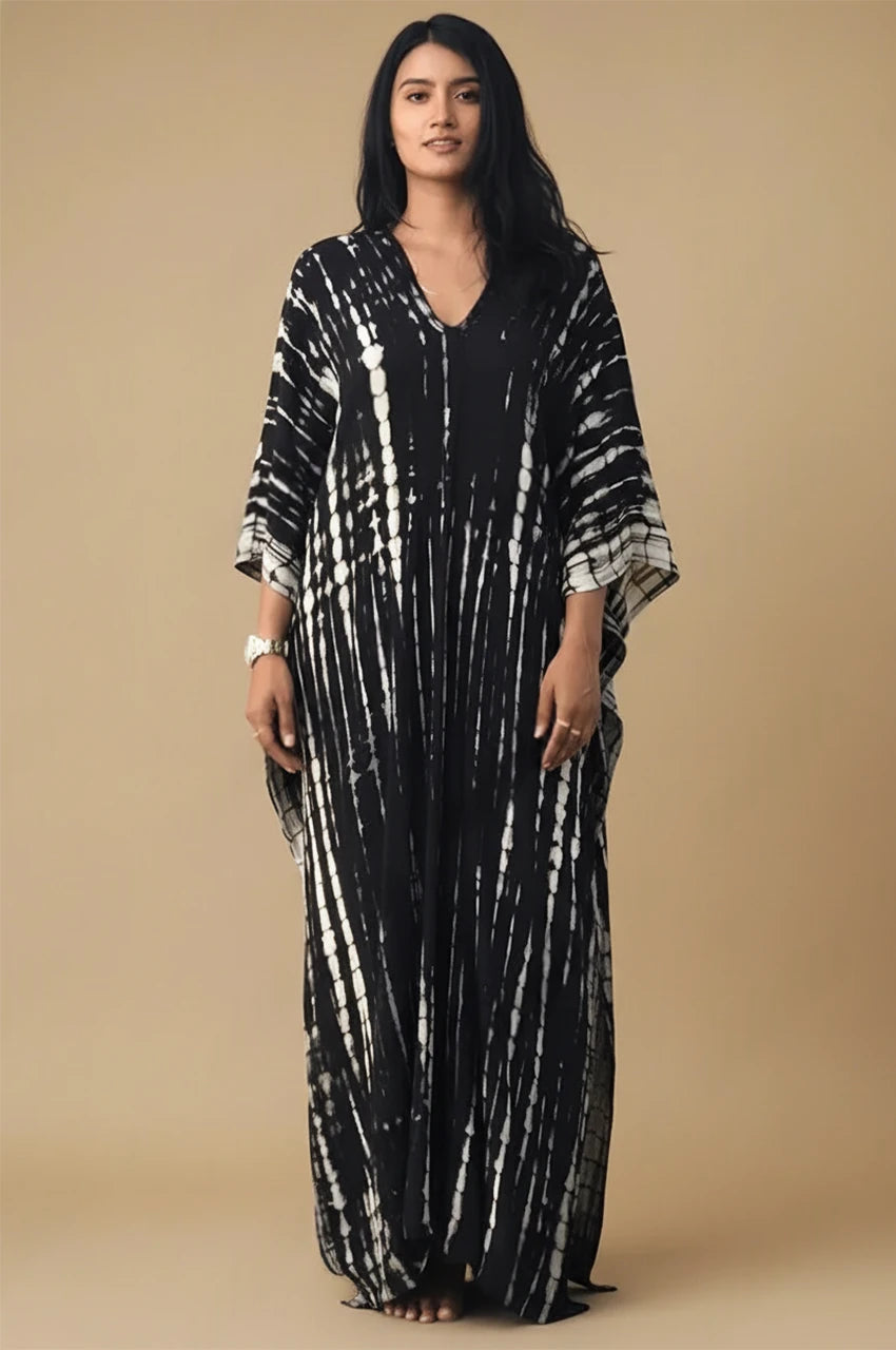 Model wearing Sahra Black Tie Dye Kaftan front view showing elegant V-neck design