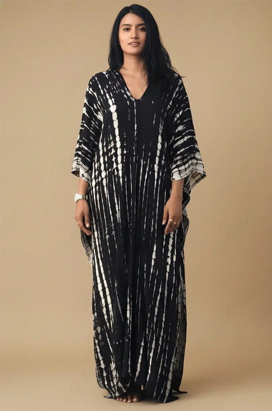 Model wearing Sahra Black Tie Dye Kaftan front view showing elegant V-neck design