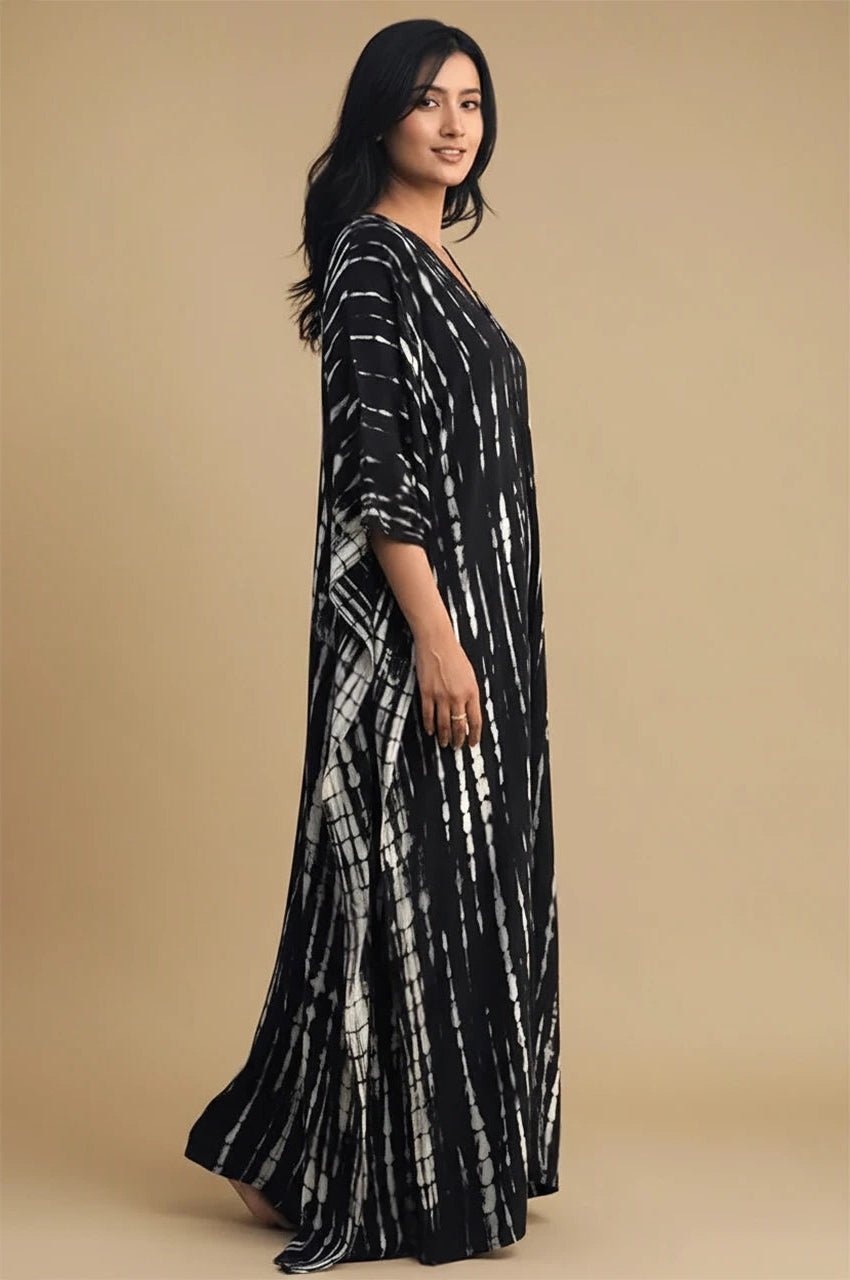 Side view of Sahra Black Tie Dye Kaftan highlighting fluid drape and relaxed fit