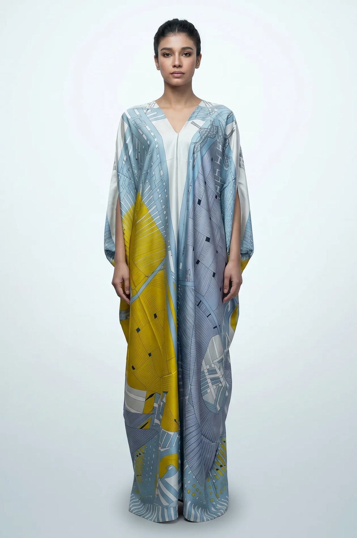 Full length front view of blue boho beach kaftan with kimono sleeves and gradient print