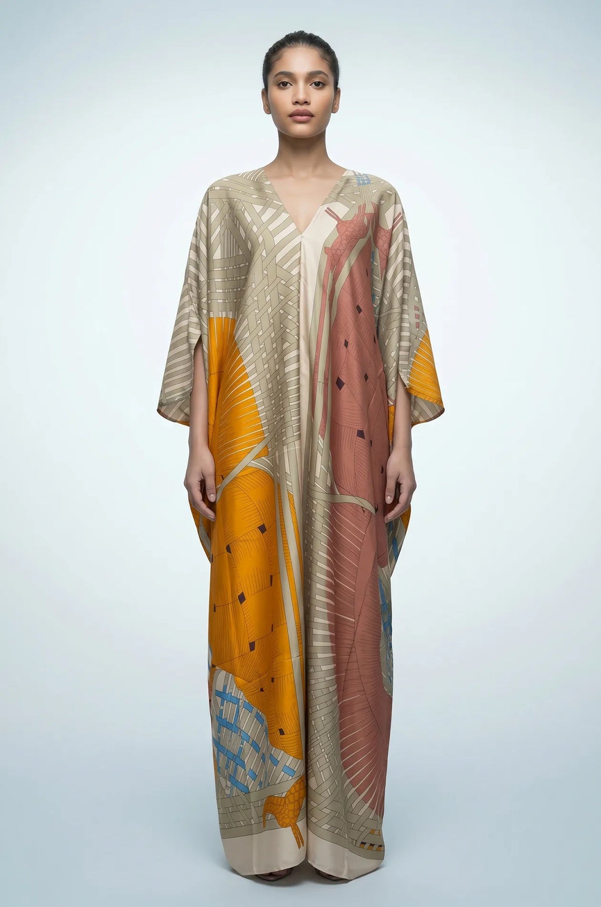 Full length front view of green boho beach kaftan with kimono sleeves and abstract print