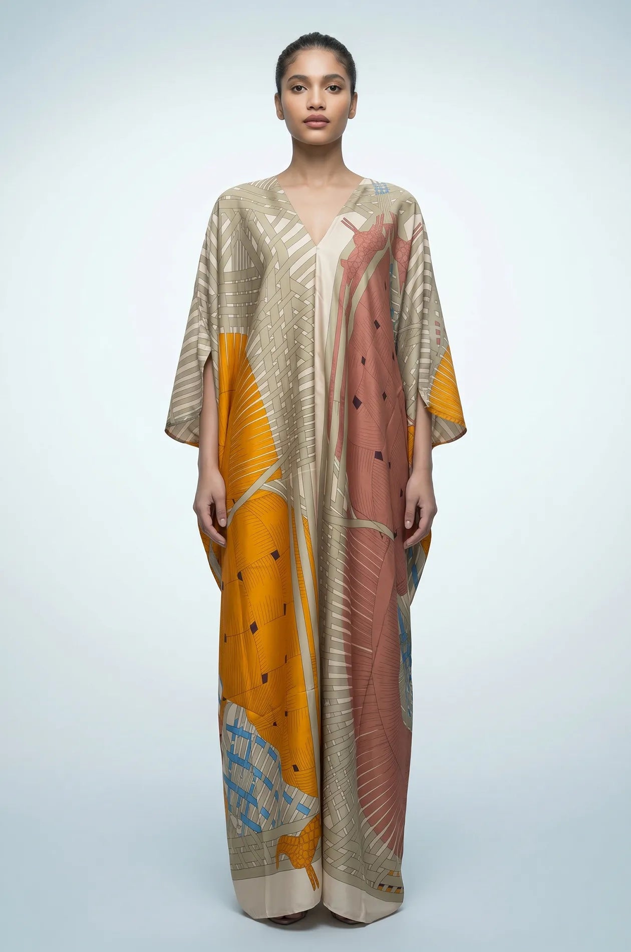 Full length front view of green boho beach kaftan with kimono sleeves and abstract print