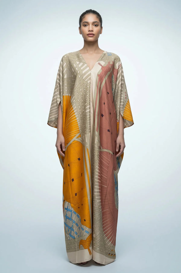 Full length front view of green boho beach kaftan with kimono sleeves and abstract print