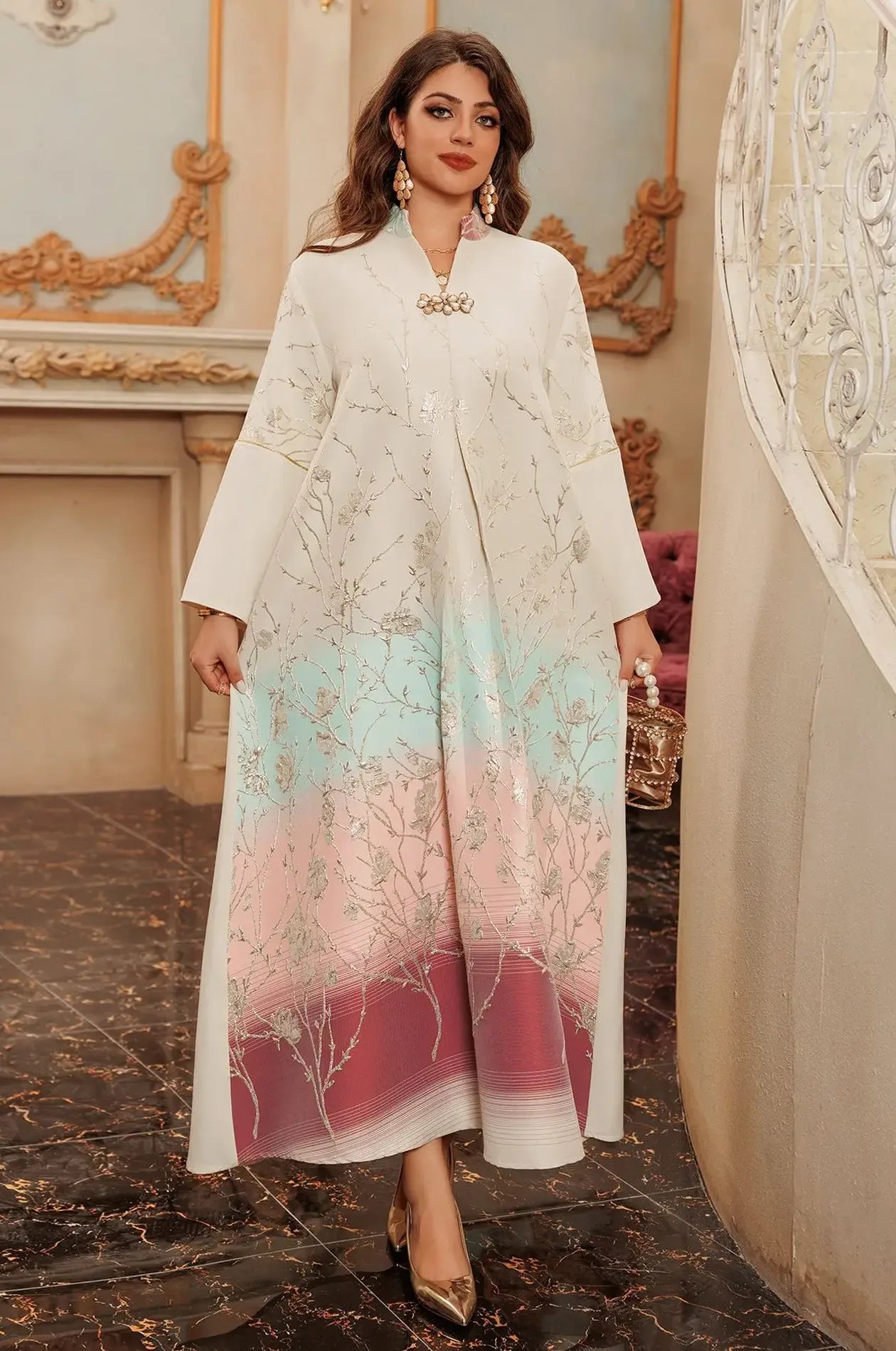 Full standing view of the luxury Tayla Red Botanical Kaftan with signature silver threadwork and burgundy gradient.