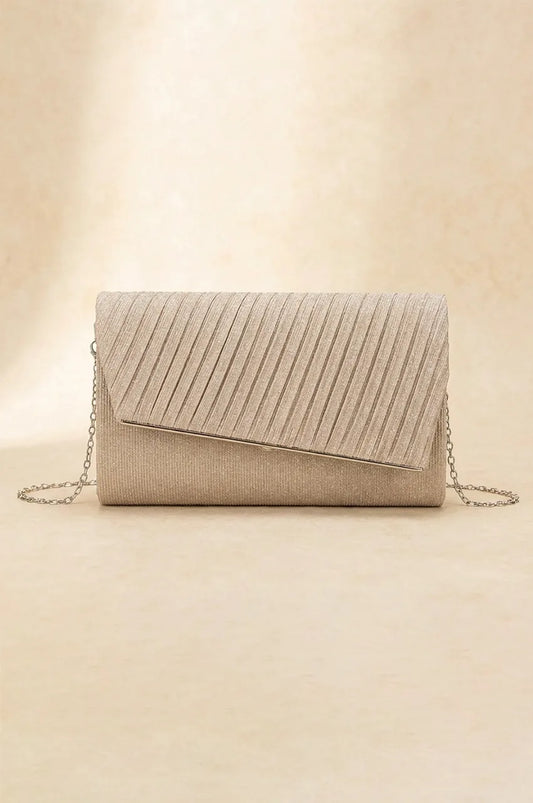Front view of a champagne gold pleated evening clutch featuring shimmer fabric and a detachable silver chain strap, perfect for formal Kaftan styling.