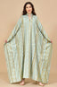 Full front view of the Delphin batwing sleeve kaftan in light green with gold embroidery.