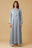 Full length view of Elani lavender gray kaftan showing fluid satin drape and wide sleeves.