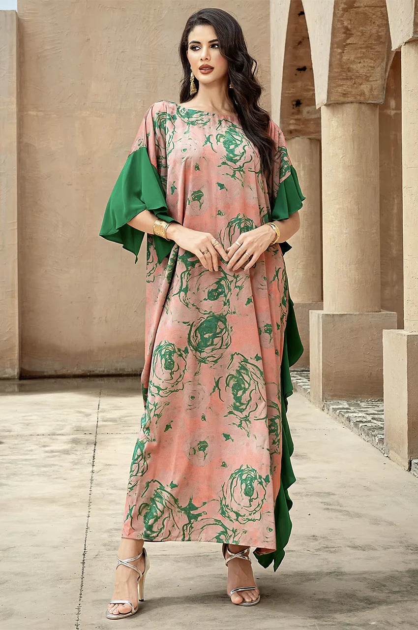 Model wearing Elara beige floral kaftan maxi dress front view