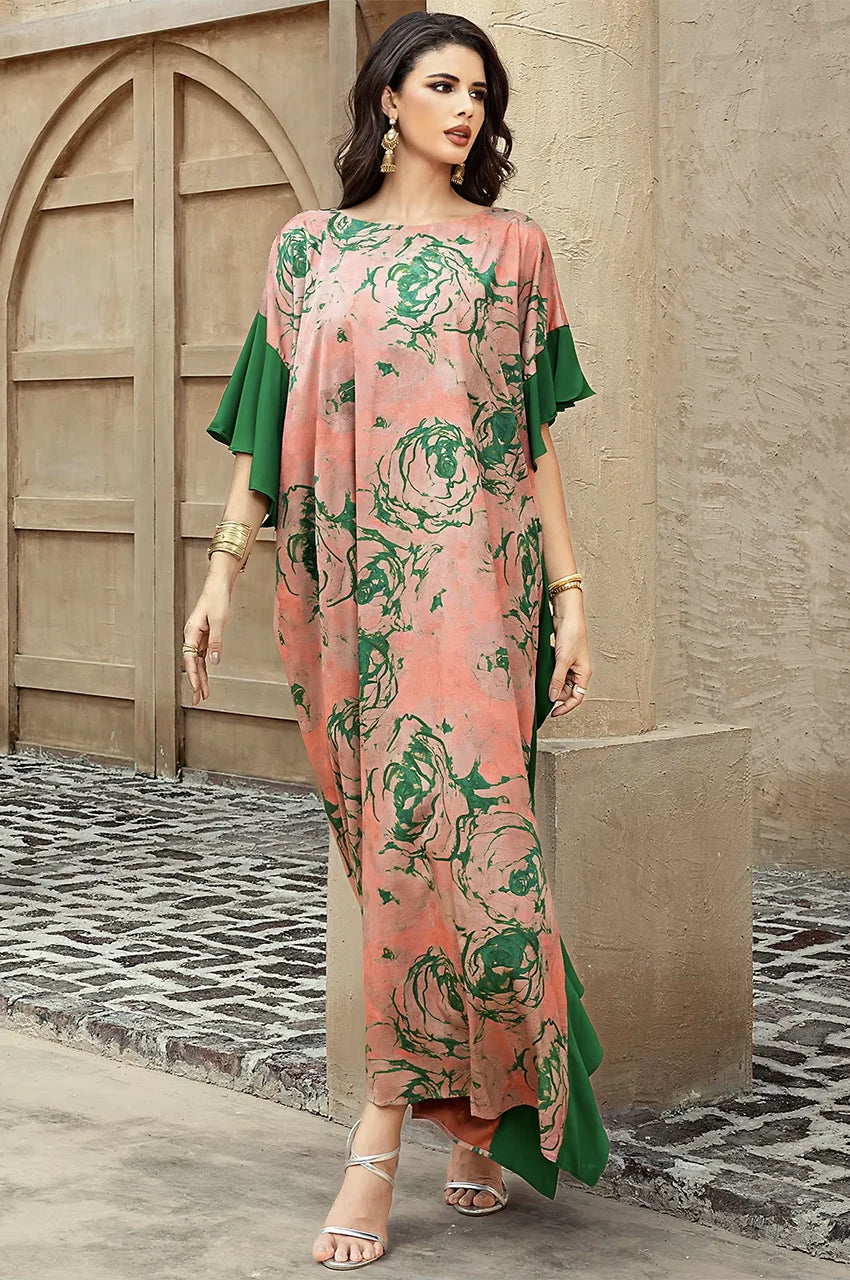 Flowing Elara floral kaftan while walking