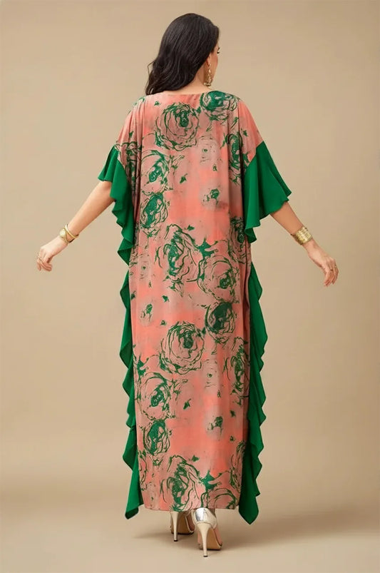 Back view of Elara floral kaftan maxi dress in peach and green