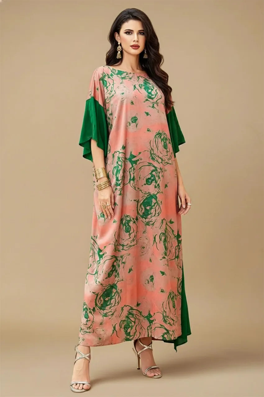 Elara floral kaftan maxi dress in peach and green front view