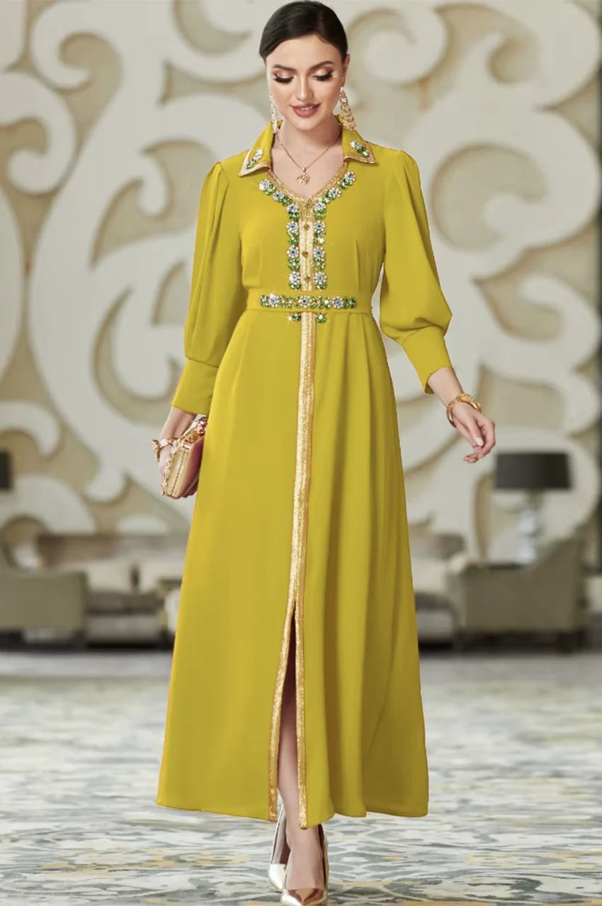 Elegant chartreuse green Takchita style kaftan dress by Naylara featuring structured shoulders and gold artisan details.
