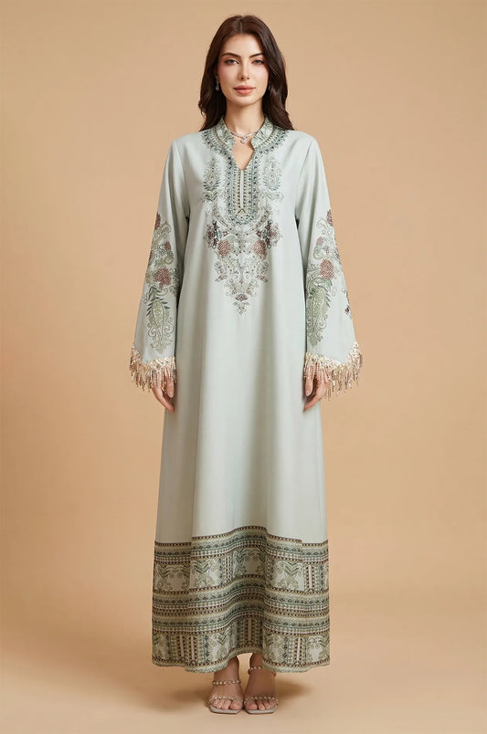 Full-length front view of Eliah off white kaftan with floral embroidery.