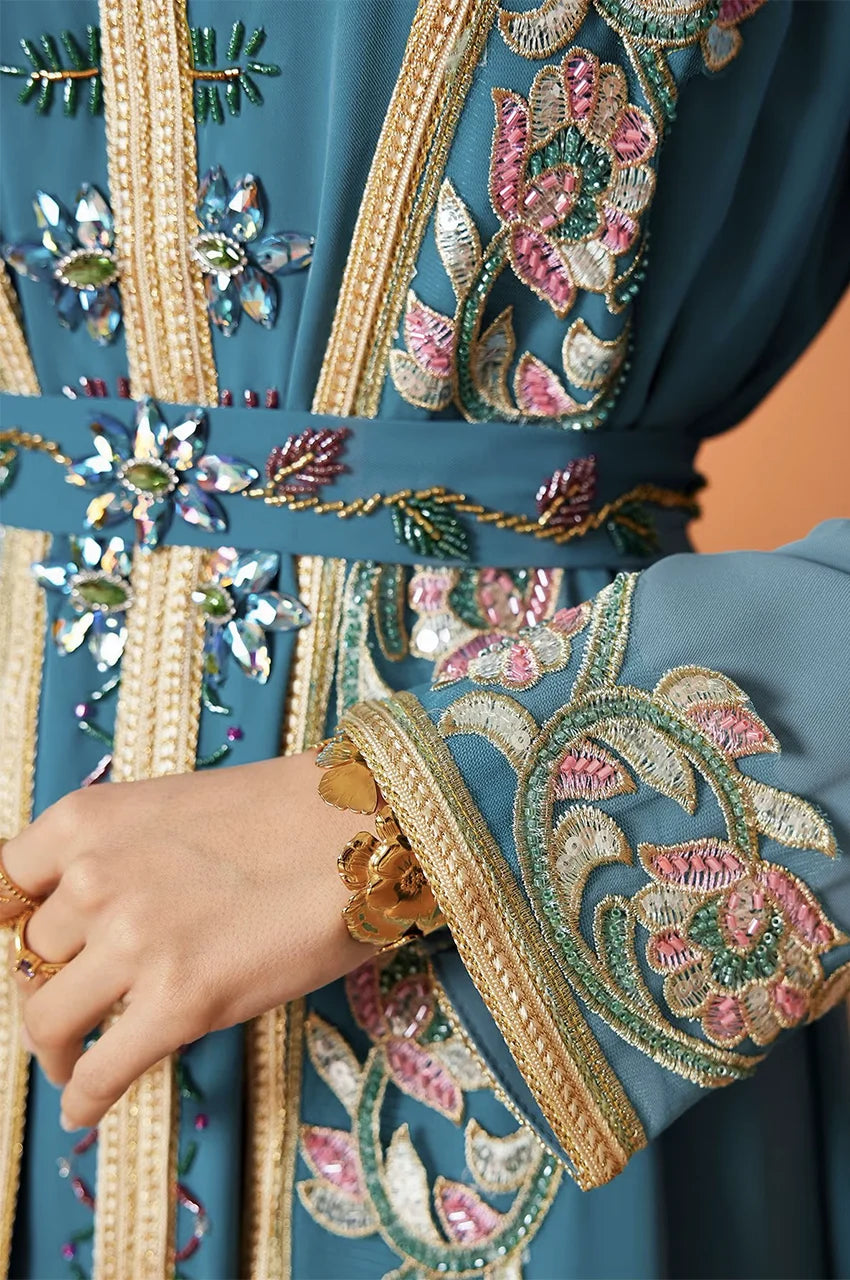 Sleeve and cuff embroidery detail of Elina blue floral kaftan
