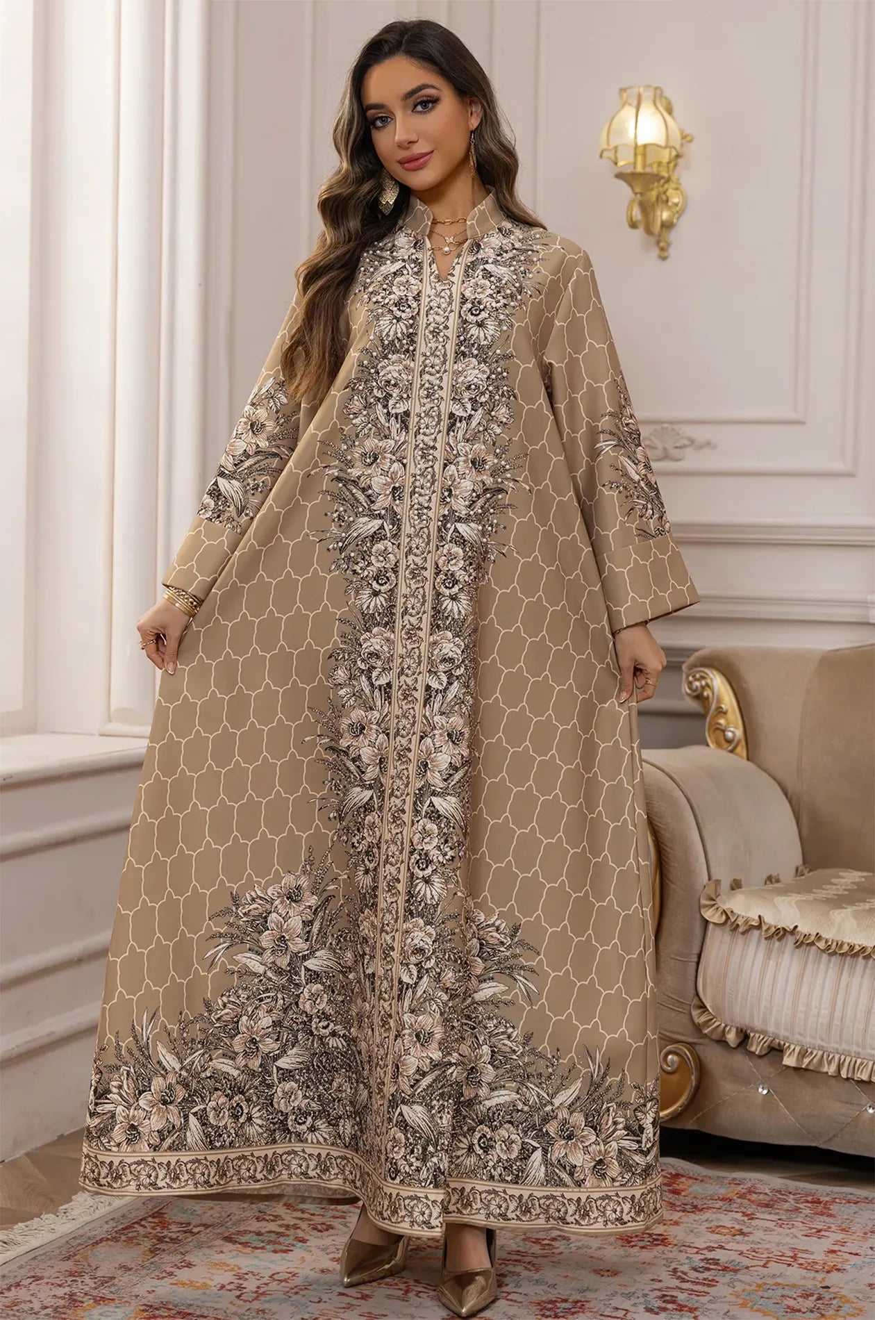 Full-length view of the Elora Beige traditional Turkish kaftan showcasing the wide A-line flare and detailed hemline.